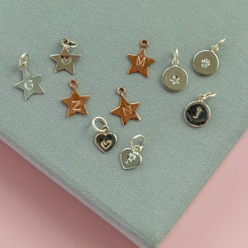 sterling silver hand stamped initial disc star and heart charms