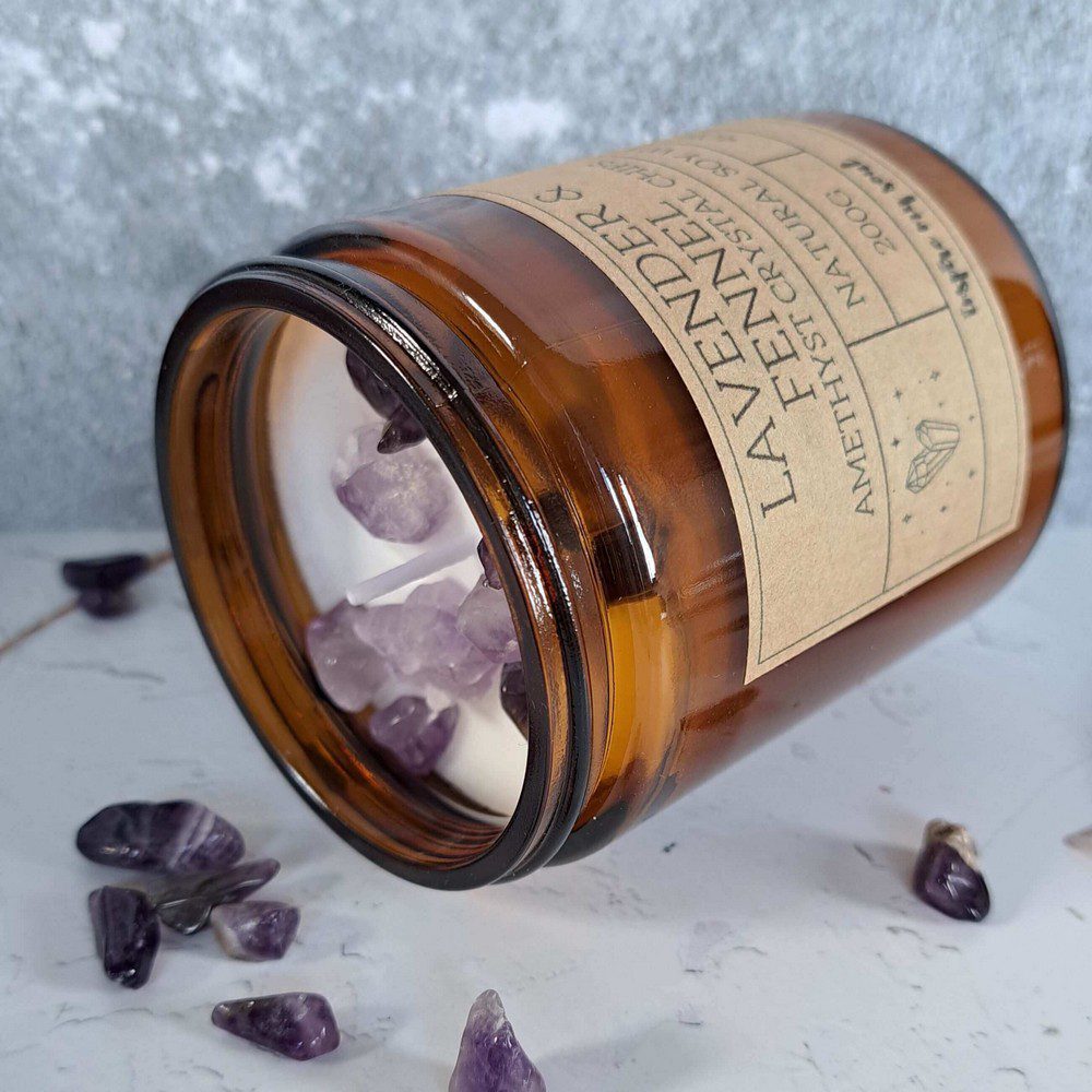 essential oil candle with amethyst crystal chips